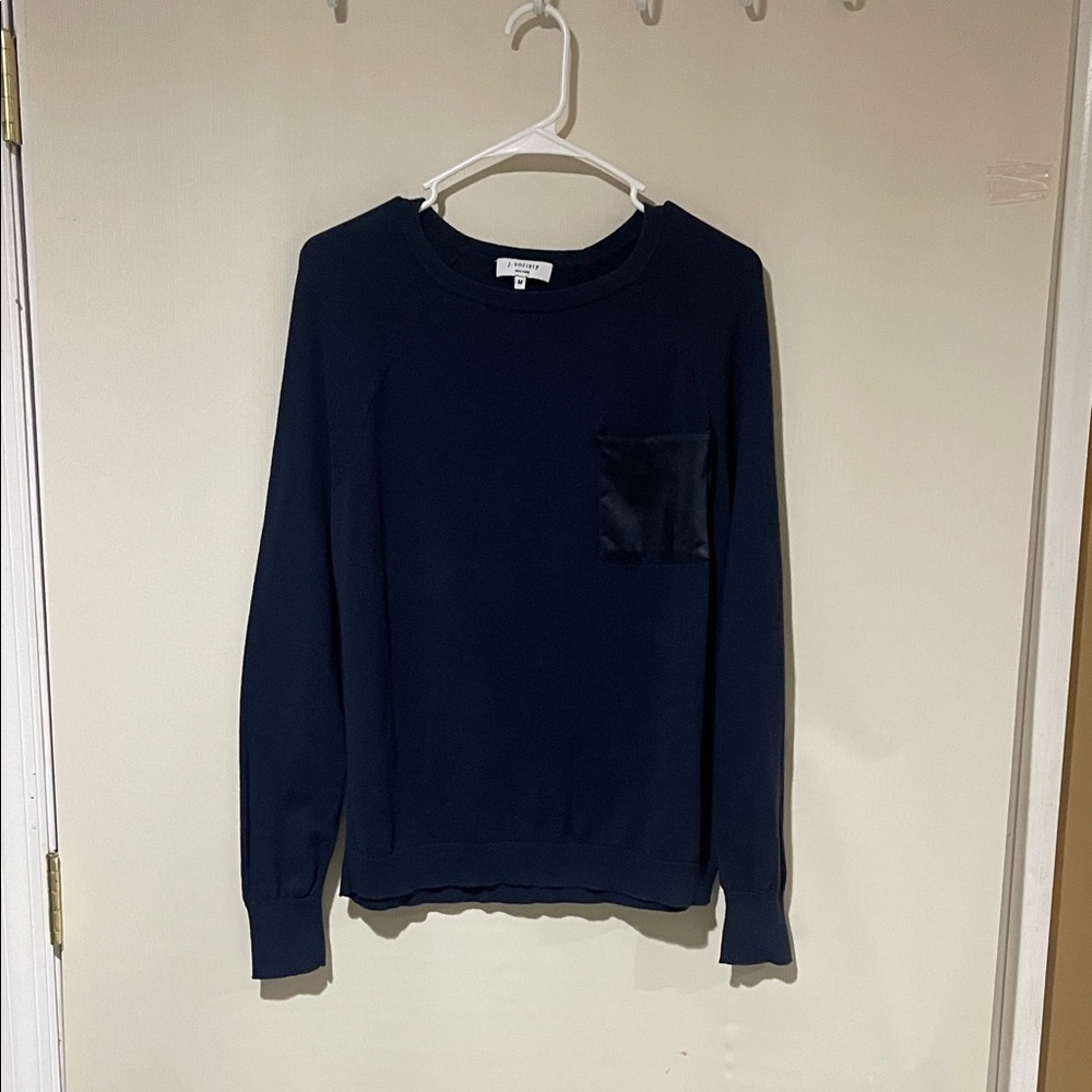 Nwot J. Society Elegant Navy Crewneck Long Sleeve Sweater With Front Pocket Sz M